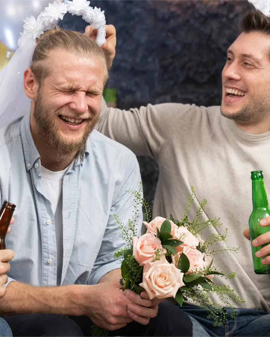 Deux amis trinquant lors d’un enterrement de vie de garçon, bouquet de roses à la main