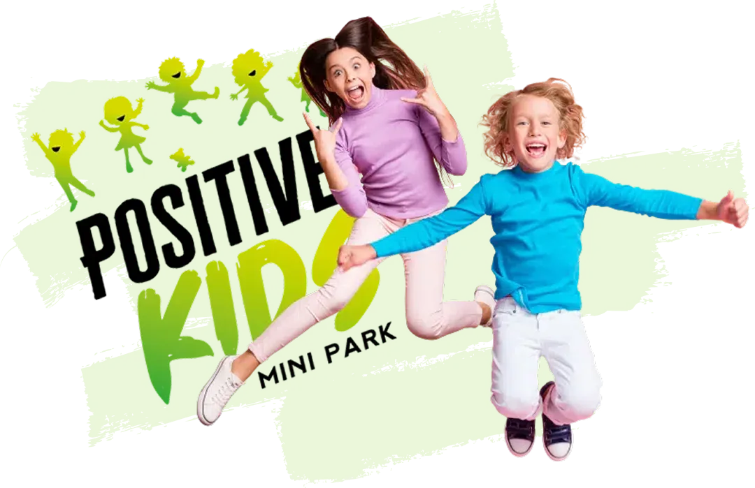 Deux enfants bondissant devant le logo Positive Kids Mini Park